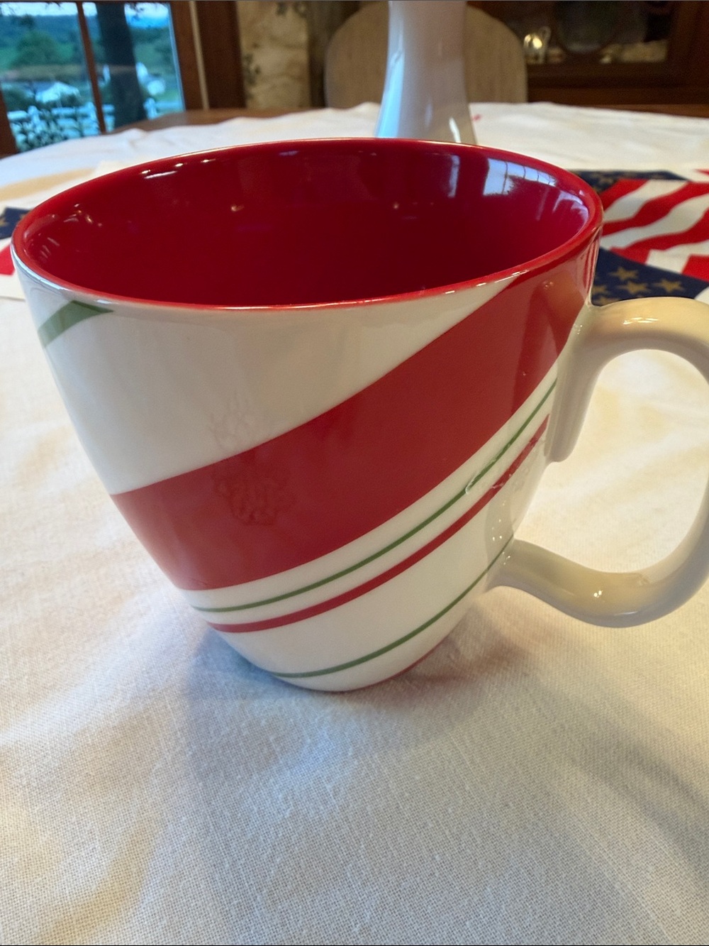 Starbucks Red and White Ceramic Mug with Green Accent Stripes